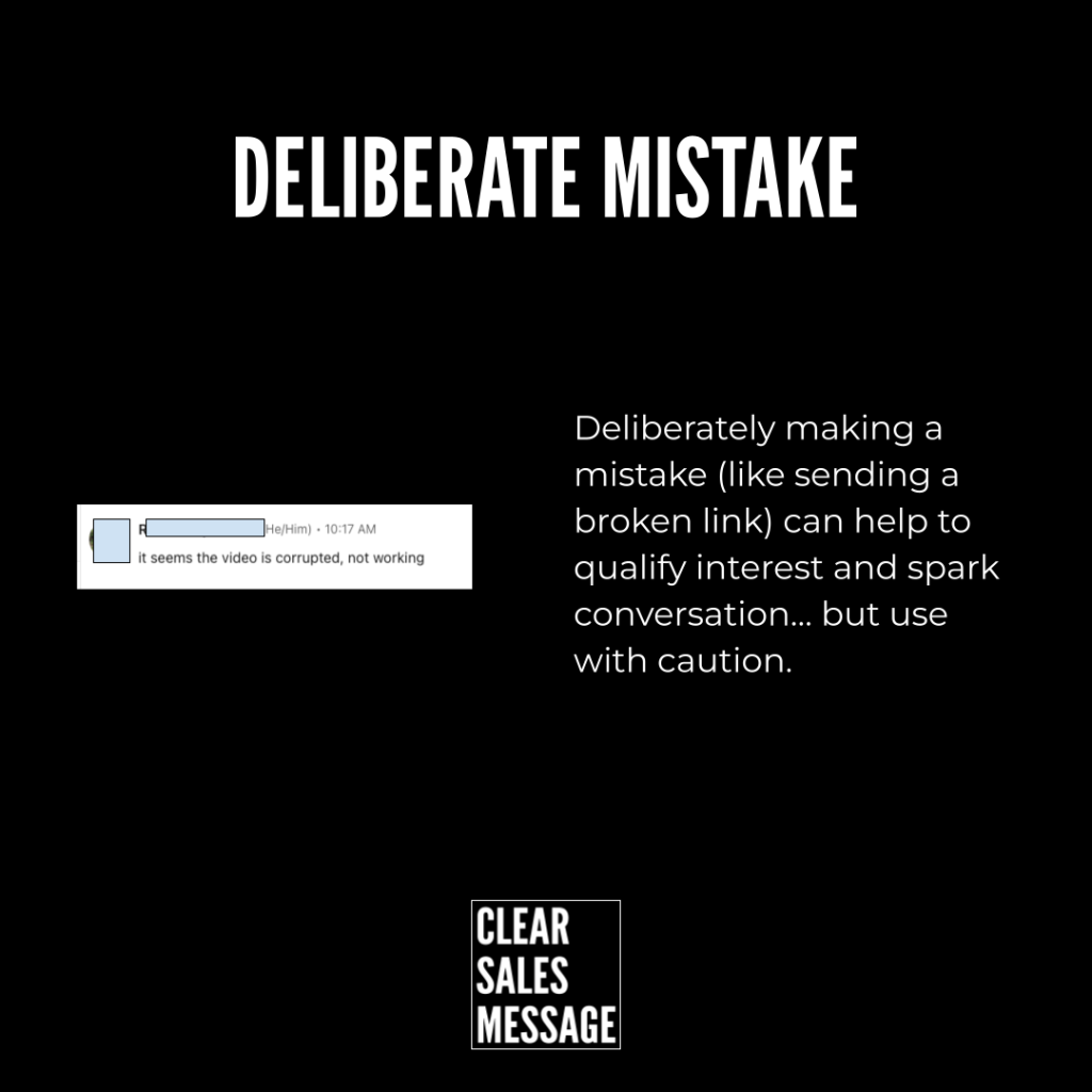 Black slide titled deliberate mistake explaining how deliberate errors can spark conversation with a small comment screenshot and the clear sales message logo at the bottom
