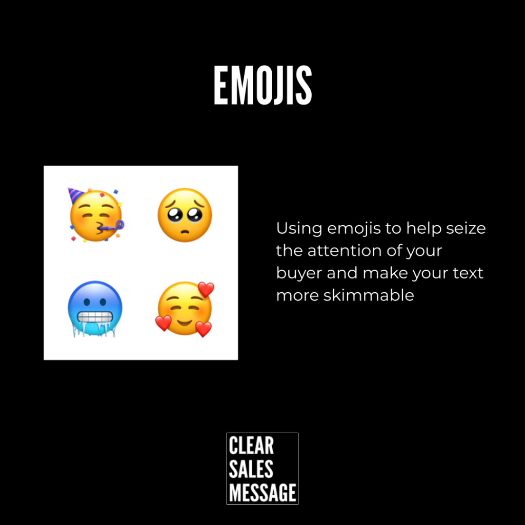 Emojis Infographic about using emojis to grab buyers attention shows four emojis and a clear sales message logo