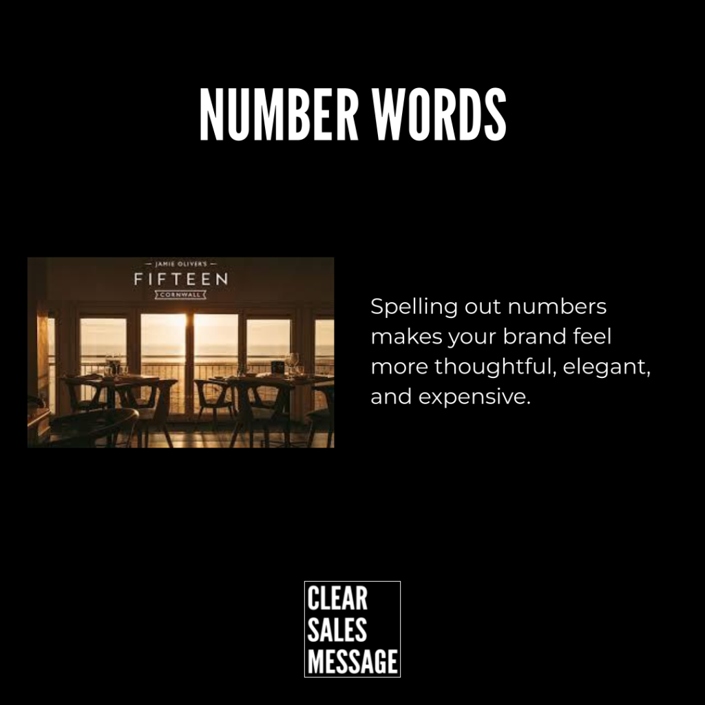 Black layout with a large number words title left shows a warm restaurant interior right side reads spelling out numbers makes your brand feel more thoughtful elegant and expensive with a clear sales message logo below