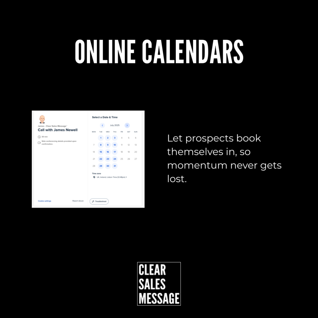 Black hero banner reading online calendars at top left shows a calendar snapshot right side text encourages prospects to book themselves bottom center shows clear sales message logo