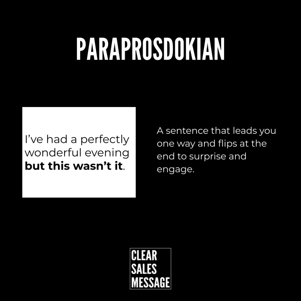 Black page with the word paraprosdokian at top two column text blocks left white card reading ive had a perfectly wonderful evening but this wasnt it  right column describing a sentence that misleads and engages small white outlined logo reading clear sales message at the bottom center