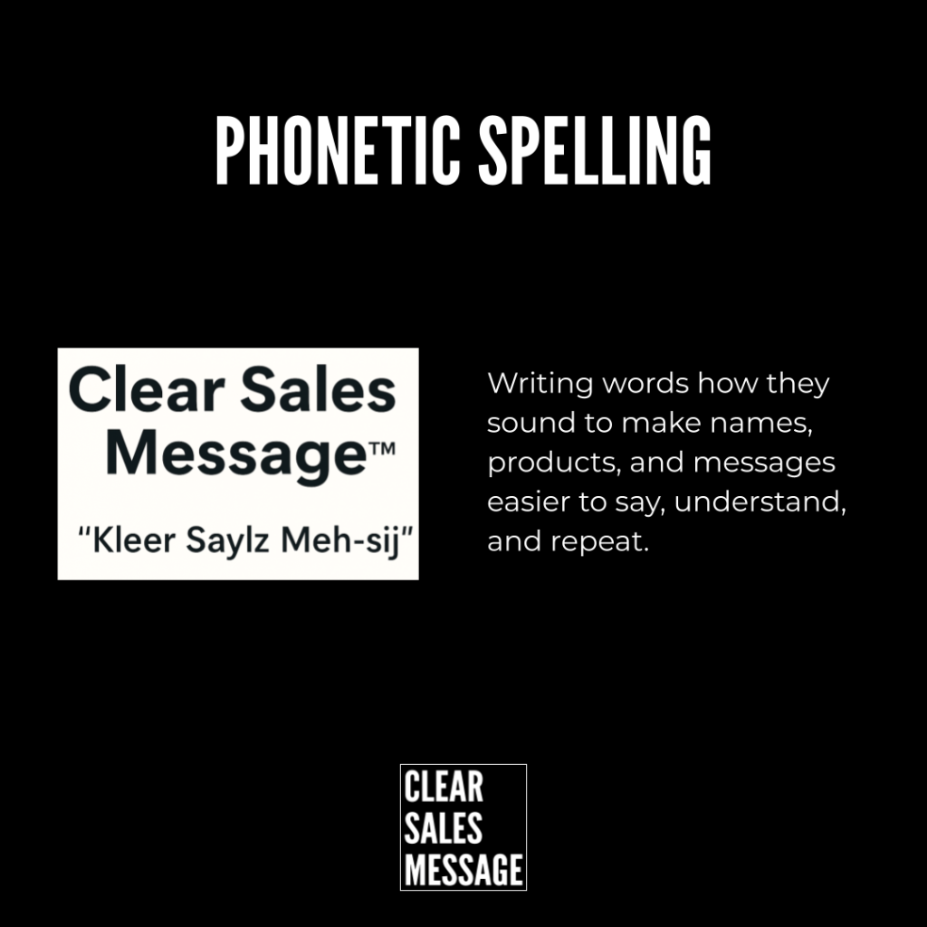 Phonetic spelling Phonetic spelling slide on black background left shows clear sales message with phonetic cue kleer saylz meh sij right explains why words are written as they sound