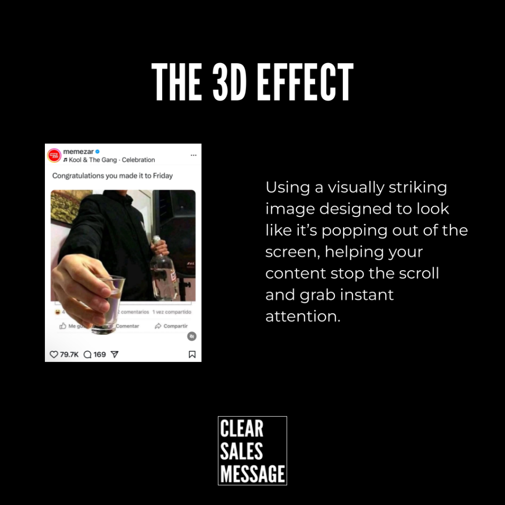 Black slide titled the 3d effect left shows a mocked instagram post with a hand holding a shot glass and bottle right a text block about grabbing attention bottom clear sales message logo