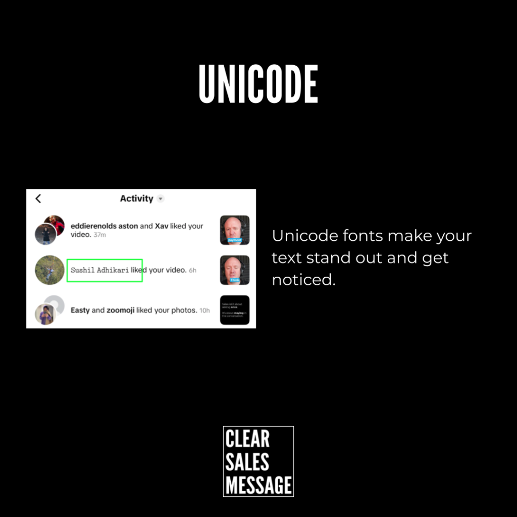 Unicode Black background with a large unicode title a left social feed screenshot with a green highlight and right text about unicode fonts