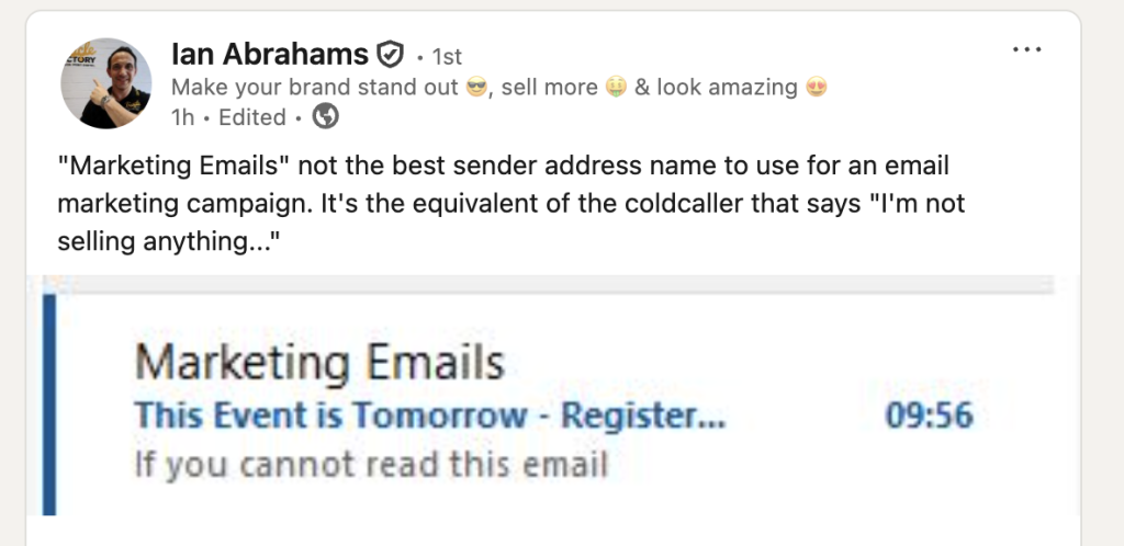 Social post about marketing emails screenshot shows an email header reading marketing emails and this event is tomorrow   register with if you cannot read this email text