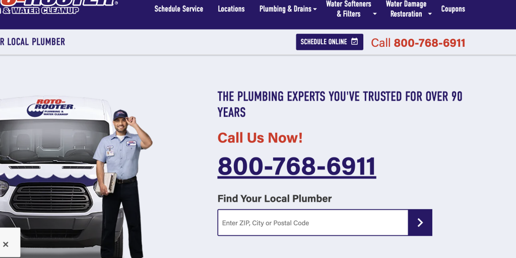 Screenshot 2025 06 12 at 22 08 02 Plumber in uniform beside a roto rooter van bold headline stating the companys 90+ years of service and a red call us now 800 768 6911 message