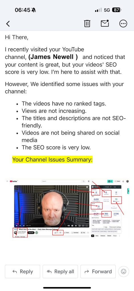 Img 7176 Email draft stating youtube channel seo issues with bullet points and a yellow highlight reading your channel issues summary followed by a cropped screenshot of a youtube analytics panel on a video screen