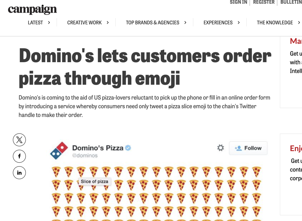 Screenshot 2025 06 18 at 10 55 21 Headline dominos lets customers order pizza through emoji on a news site header image