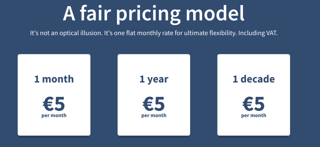 Screenshot 2025 06 18 at 10 23 27 Pricing options 1 month €5 per month 1 year €5 per month or 1 decade €5 per month under a single fair monthly rate