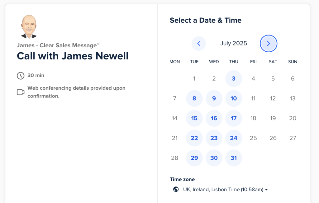 Left avatar and contact details right july 2025 date picker to schedule a 30minute call with james newell