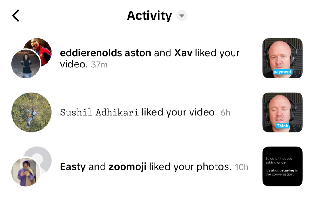 Img 6544 Activity feed item user names liked your video with circular avatars on the left and a small profile tile on the right