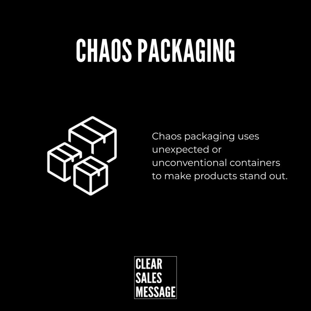 Poster style graphic chaos packaging title white outlined boxes icon and a paragraph describing using unconventional containers small clear sales message logo at the bottom on a black background
