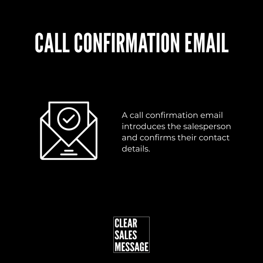 Slide titled call confirmation email with an envelope and check icon and the text a call confirmation email introduces the salesperson and confirms their contact details plus a clear sales message logo at the bottom