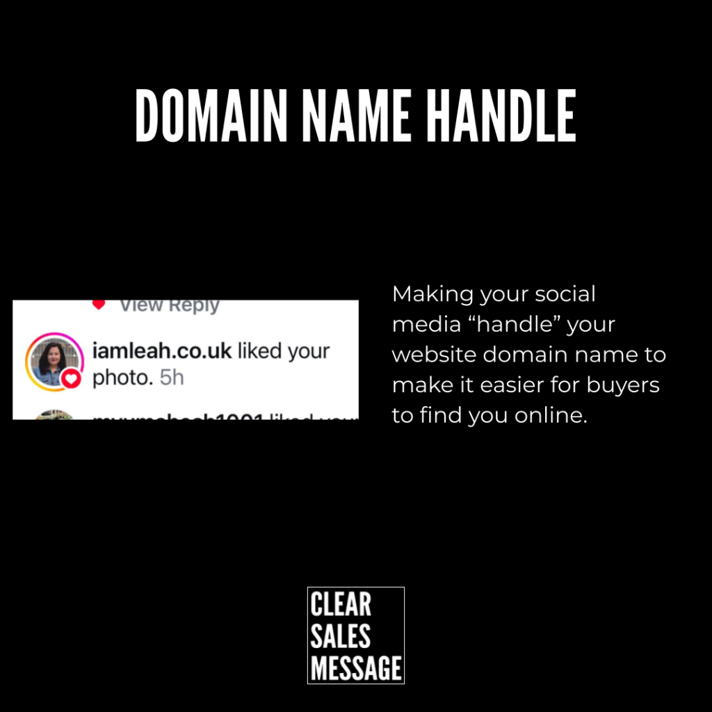 Domain name handle Slide titled domain name handle showing a left side social notification image and right side explanatory text about using your domain name as a handle bottom logo clear sales message