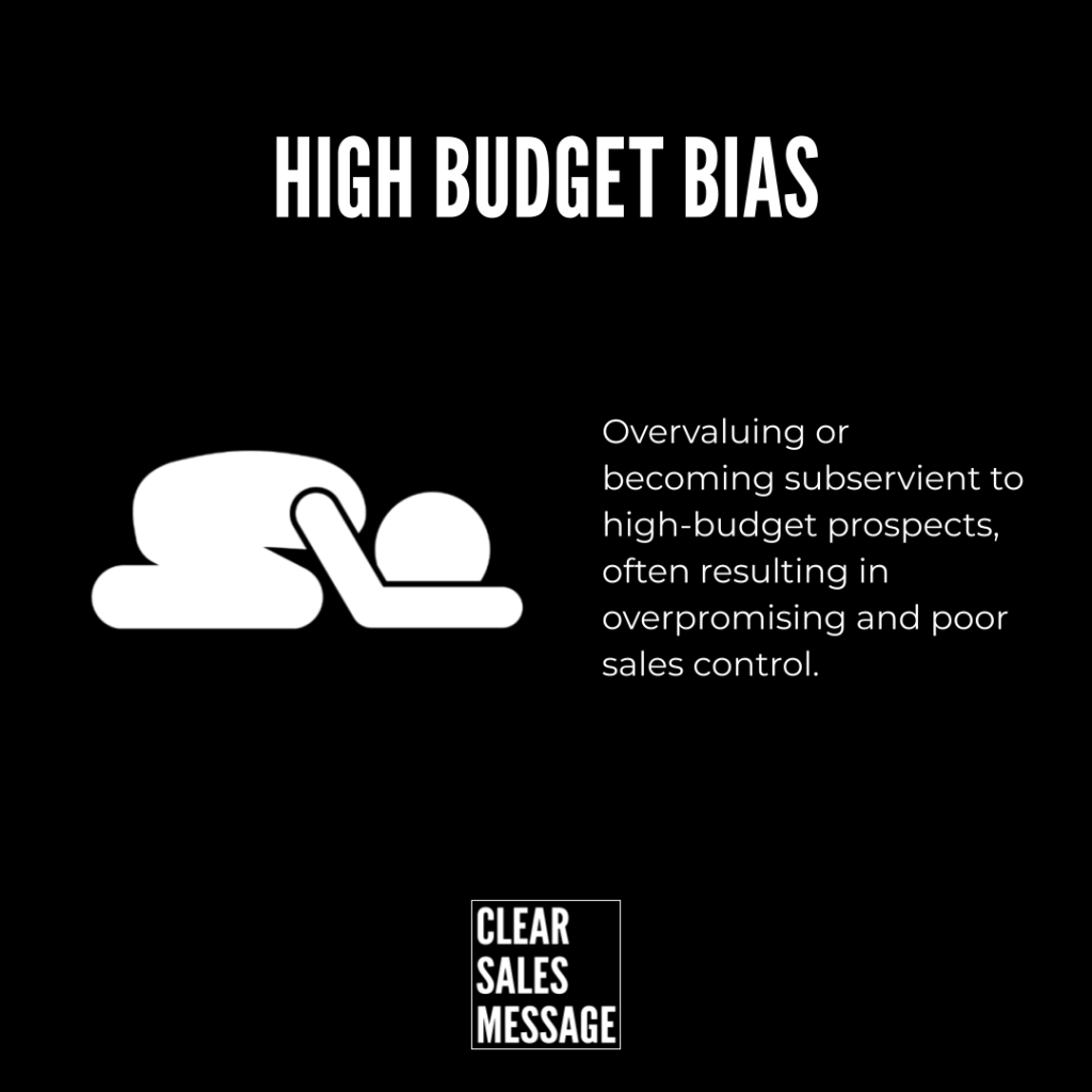 High budget bias Slide titled high budget bias with a white abstract figure on the left and explanatory text about overvaluing high budget prospects clear sales message logo at bottom