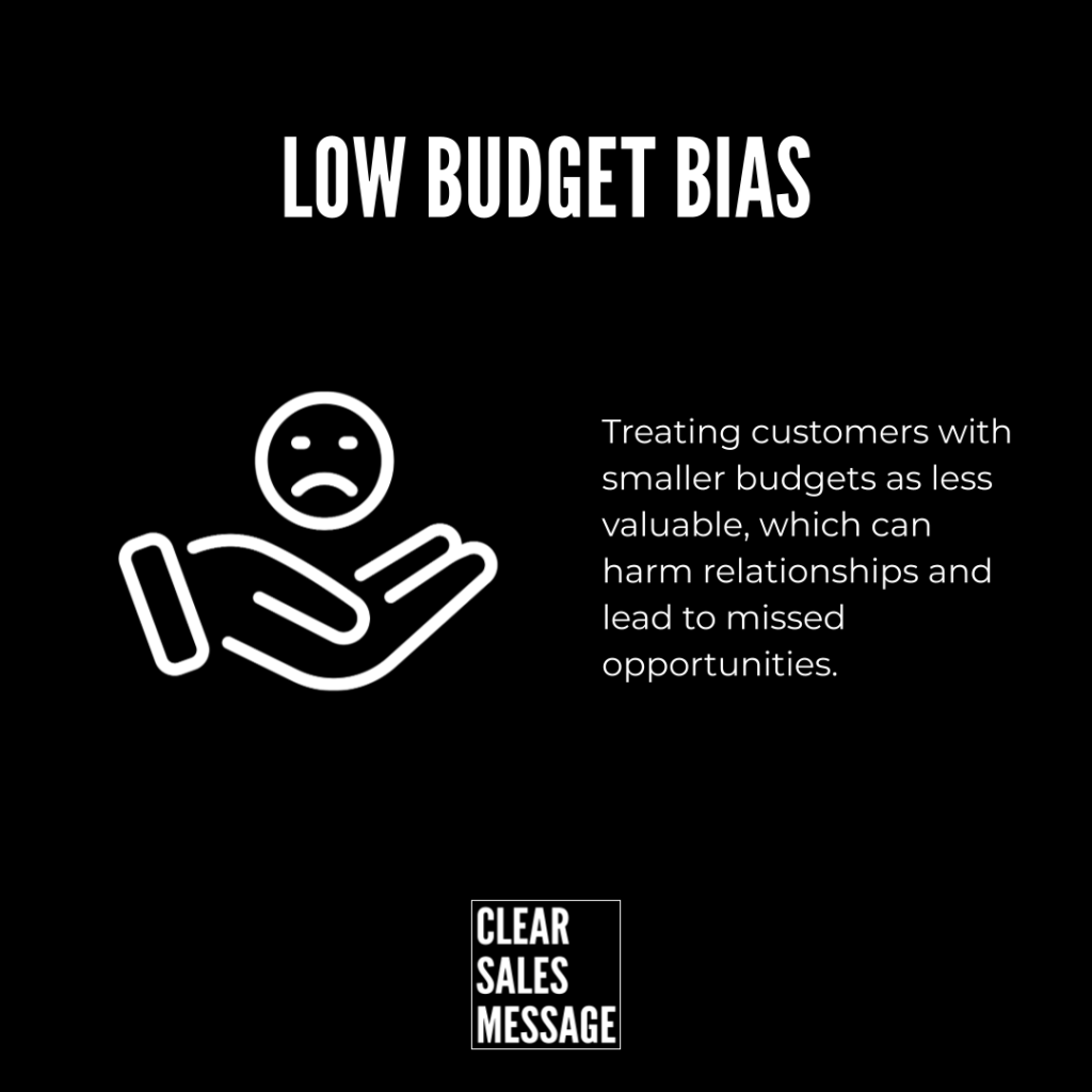 Poster titled low budget bias with a sad face hand icon and explanatory text about devaluing customers with smaller budgets plus the clear sales message logo