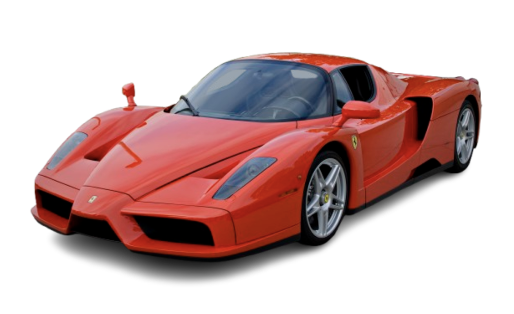 Red ferrari sports car shown from a front left three quarter view on a white background