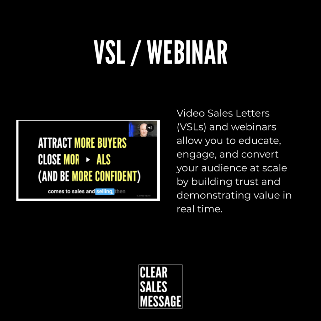 Vsl webinar 1 Black hero banner announcing a vsl webinar left is a framed video thumbnail reading attract more buyers close more sales and be more confident right column contains a paragraph about how vsls and webinars educate engage and convert audiences Bottom center shows a small clear sales message logo in a white box