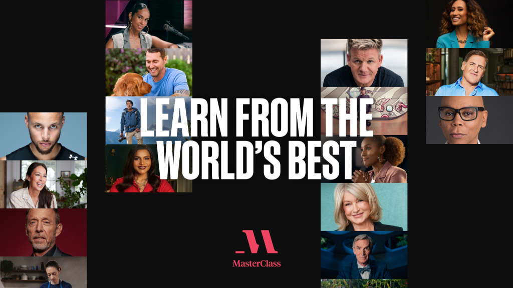 Masterclass promo collage with diverse instructors surrounding a bold learn from the worlds best headline on a black background