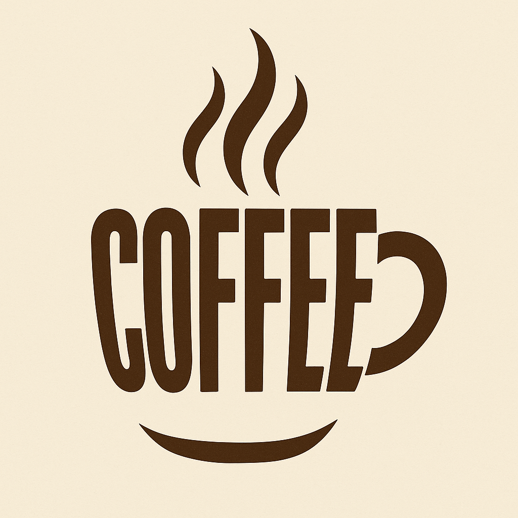 Brown coffee logo with steam rising above and a curved base suggesting a cup on a beige background