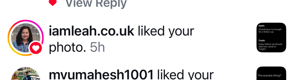 Img 7396 Notification iamleah Co Uk liked your photo 5h ago round profile pic with colorful ring and heart badge with a small right side quote card