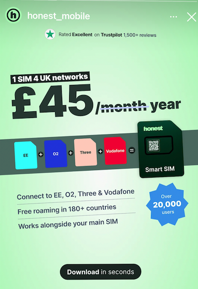 Instagram story ad for honest mobile £45month year for 1 sim with 4 uk networks ee o2 three vodafone smart sim card image notes free roaming in 180+ countries and works alongside your main sim badge over 20000 users and a download in seconds prompt