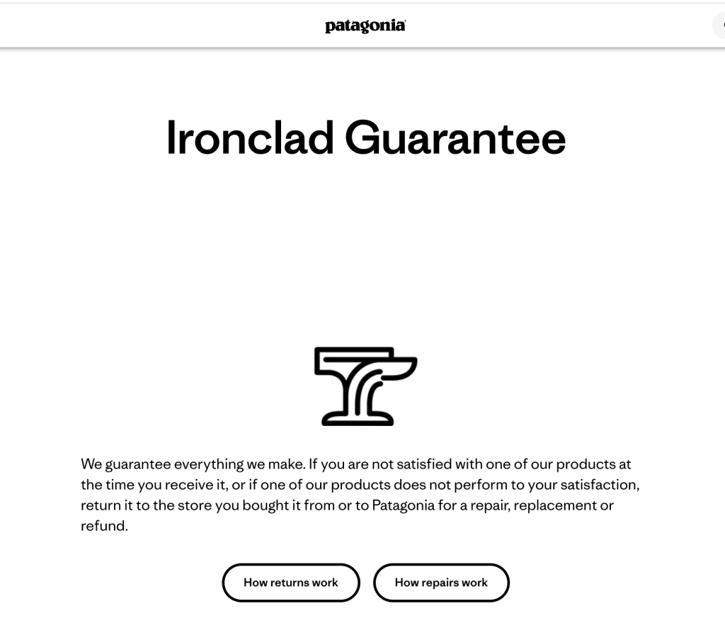 Screenshot 2025 07 26 at 15 29 19 Patagonia logo with the bold headline ironclad guarantee and a warranty emblem underneath hero section