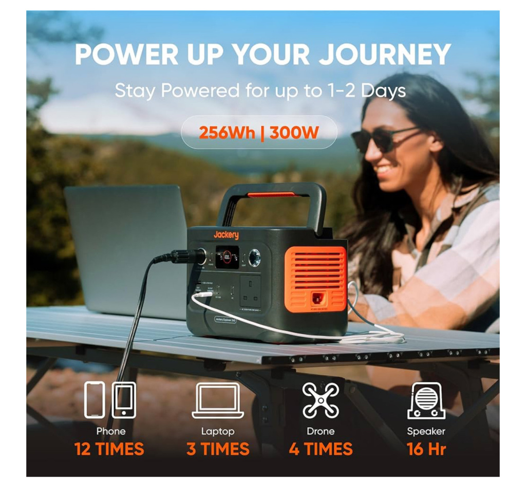 Img 8149 Outdoor scene with a portable power station on a table and a laptop connected banner says power up your journey with 256wh | 300w and usage stats below