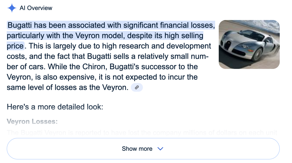 Screenshot 2025 07 22 at 13 22 47 Ai overview article card with highlighted text about bugattis financial losses to the right is a rounded corner photo of a bugatti veyron speeding on a desert road
