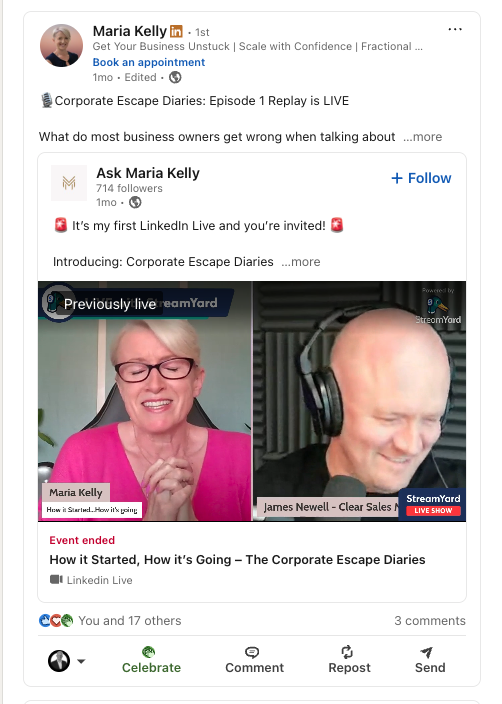 Linkedin post promoting a live interview showing maria kelly and another host on a split screen video call