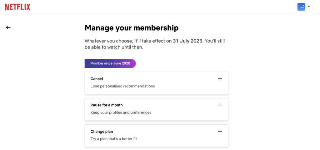 Netflix account page manage your membership with options to cancel pause or change plan