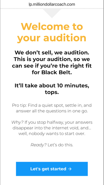 Screenshot 2025 07 21 at 11 47 04 Onboarding screen welcoming you to your audition with a 10minute process and a prominent lets get started button