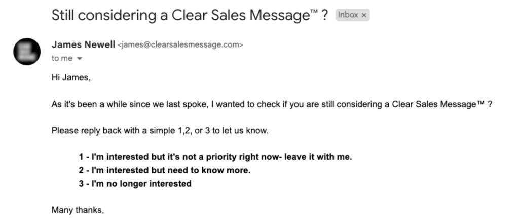 Email from james newell asking if youre still considering clear sales message with three response options 1 2 or 3