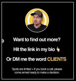 Screenshot 2025 07 31 at 10 56 39 Promotional graphic photo of a man in a circular frame above text asking to find out more with cta to hit the link in my bio or dm the word clients