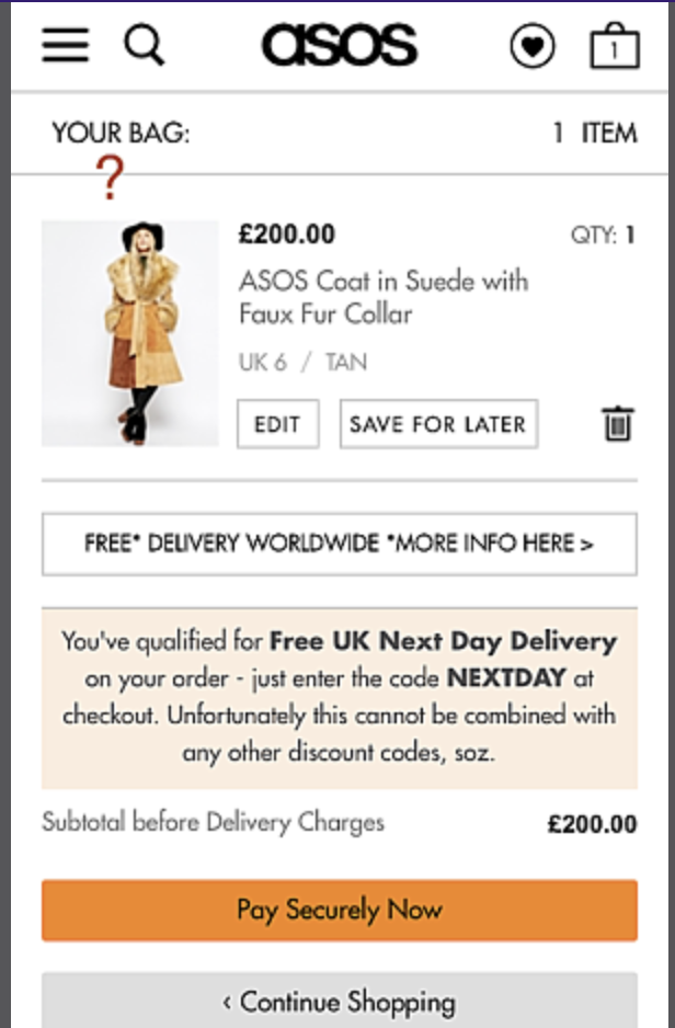 Screenshot 2025 07 26 at 15 25 13 Cart page asos coat with faux fur collar priced £200 quantity 1 item image on the left options to edit or save for later delete icon to remove