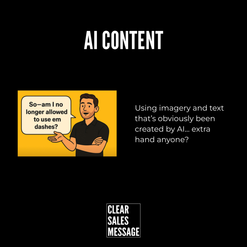 Black poster with ai content title left yellow panel cartoon man right explanatory text about ai imagery bottom clear sales message logo