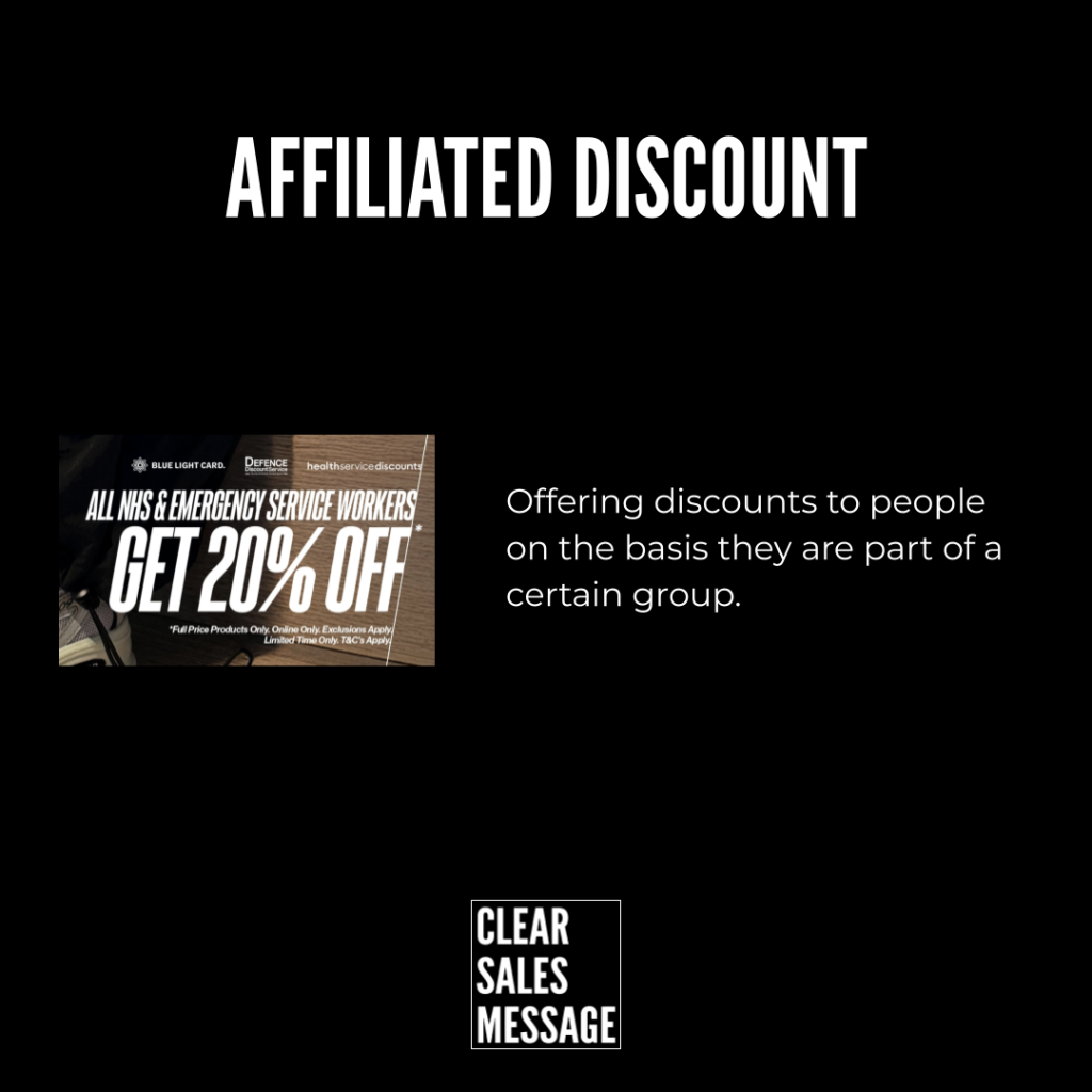 Black banner with the heading affiliated discount left shows a promo image right shows the sentence offering discounts to people on the basis they are part of a certain group  bottom features a clear sales message logo