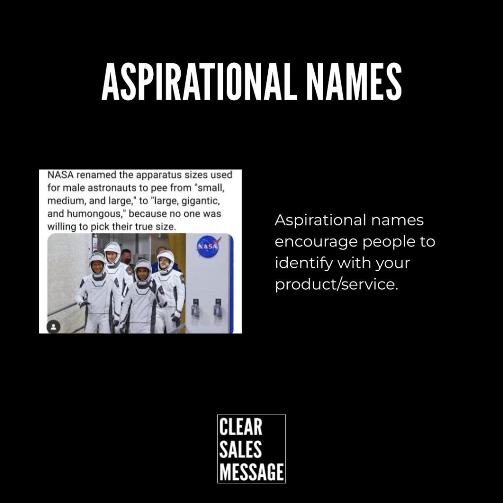 Slide titled aspirational names showing a group of nasa astronauts with a caption about name sizes conveying that aspirational names help users identify with a product or service