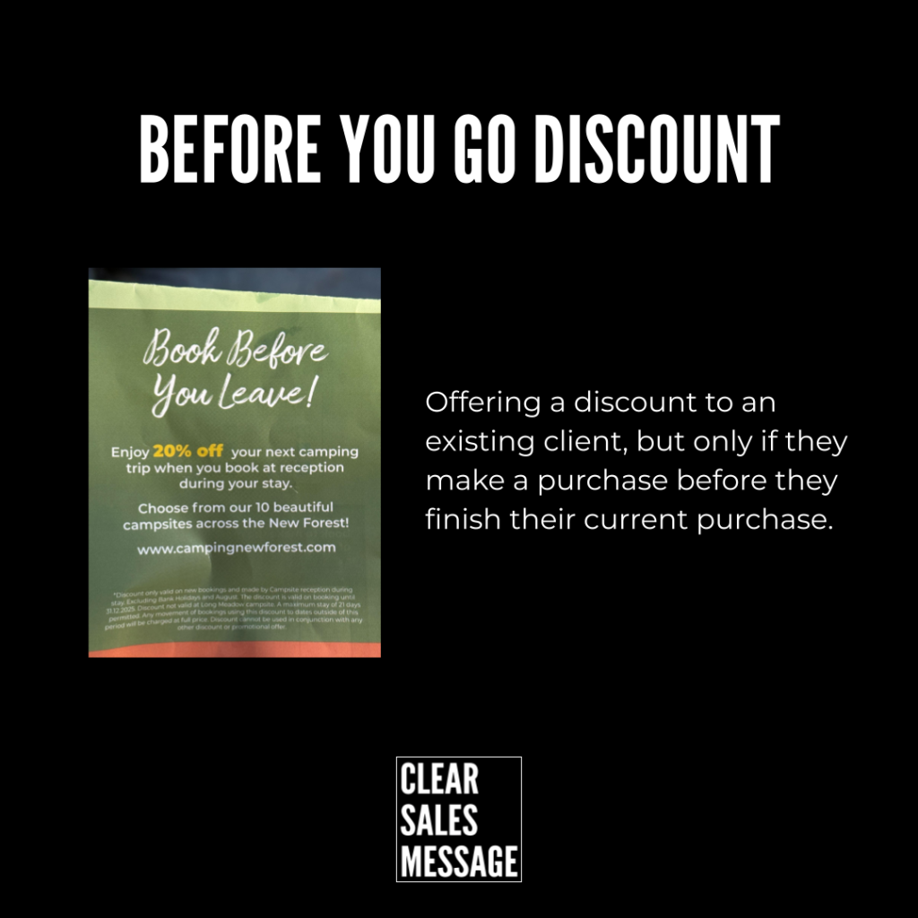 Black page with a large before you go discount header left shows a flyer saying book before you leave  right side has text describing a pre purchase discount bottom center shows a white clear sales message logo