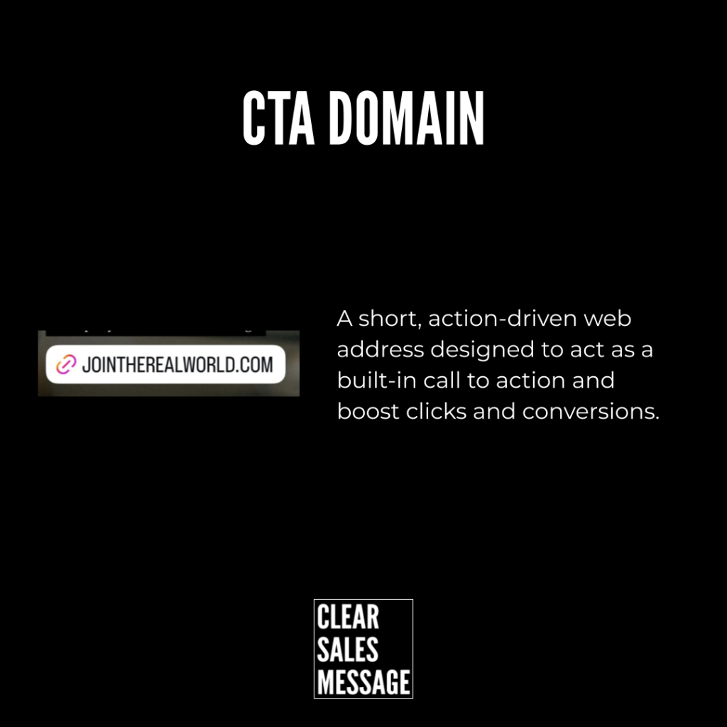 Black background with a large cta domain heading a small banner on the left reading jointherrealworld Com descriptive text on the right and a clear sales message logo near the bottom center