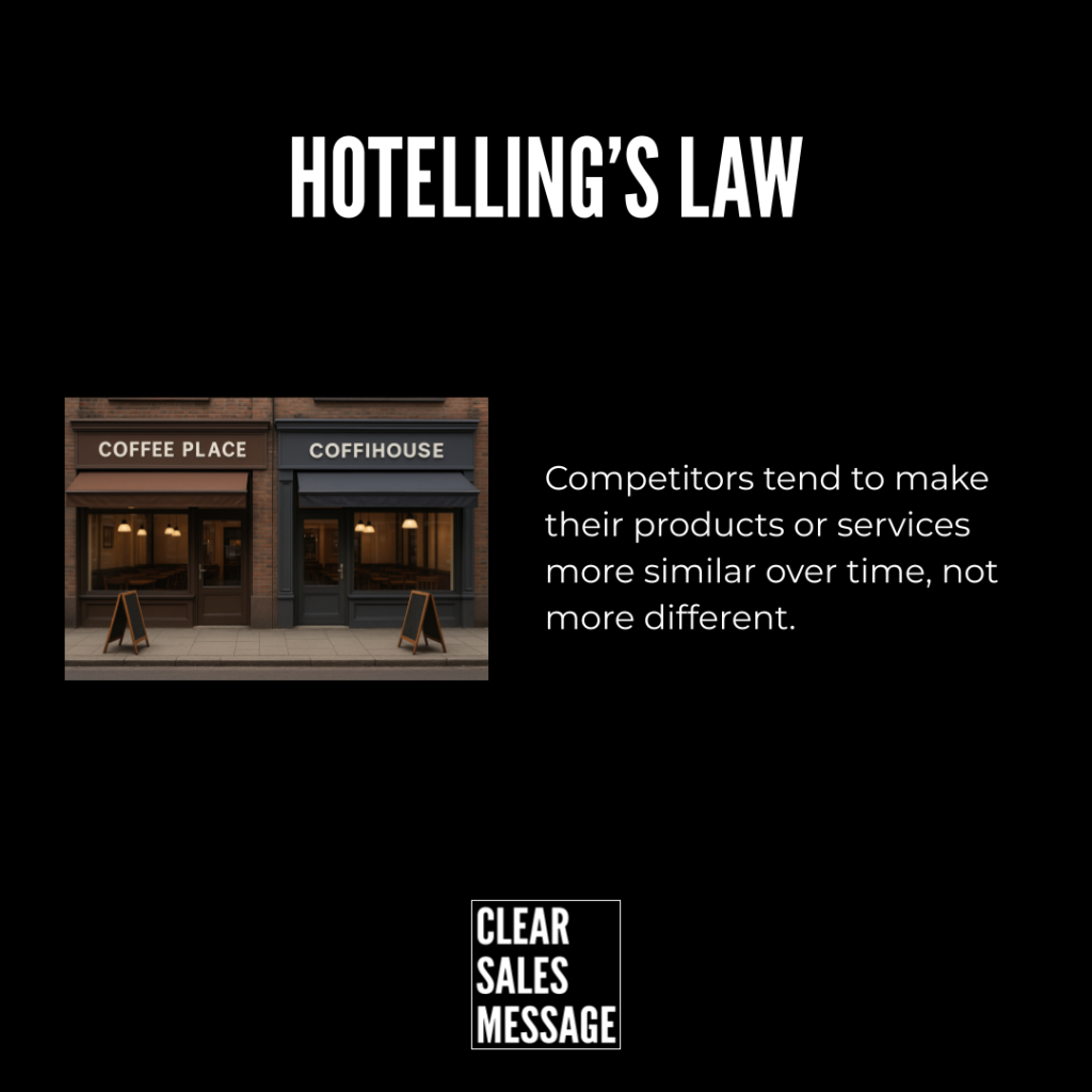 Slide explaining hotellings law black background white title image of two nearby coffee shops on the left explanatory text on the right and a clear sales message logo at the bottom