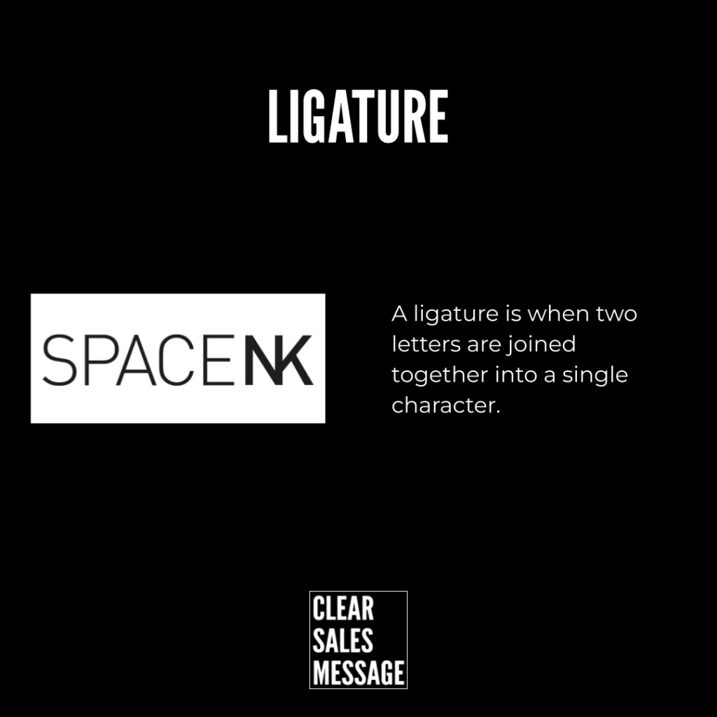 Black page with the word ligature in bold white at the top space nk logo on the left and a definition about ligatures on the right a small white clear sales message box near the bottom