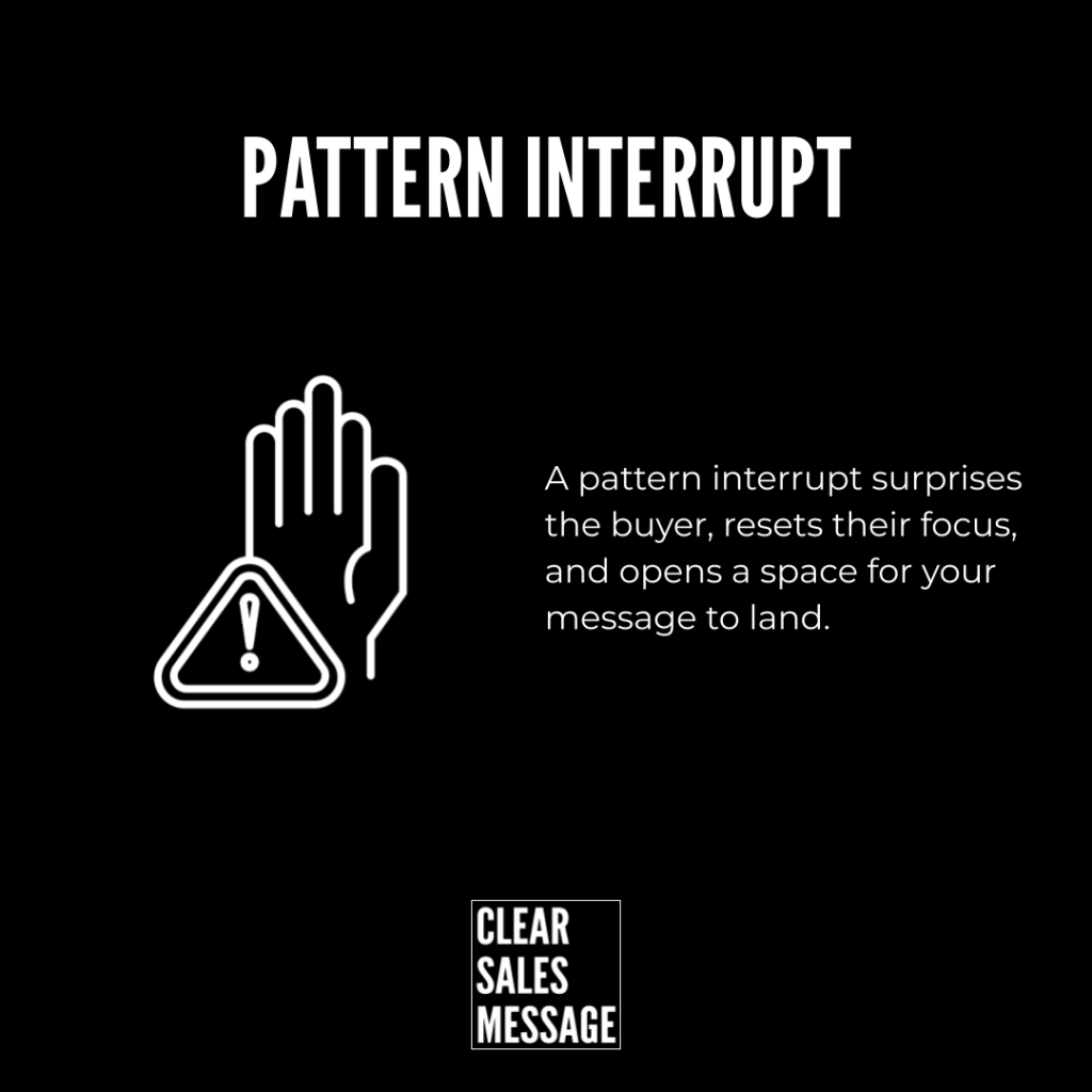 Black hero image with the title pattern interrupt a white outlined hand and warning triangle on the left descriptive text about pattern interrupts on the right and a clear sales message logo at the bottom
