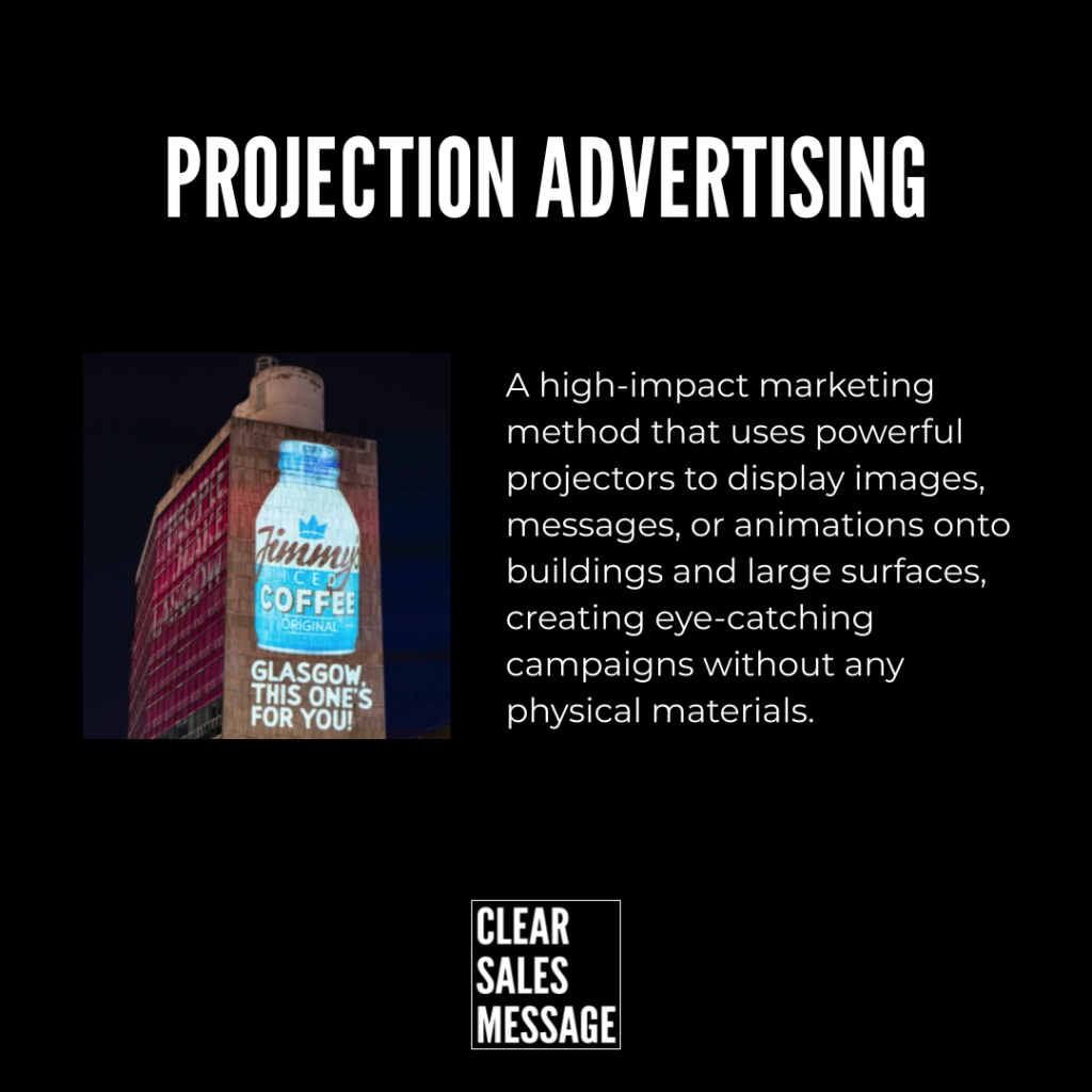 Projection advertising Projection advertisingnight time building with a large projected jimmy coffee bottle ad on the side beside a block of descriptive text and a clear sales message logo