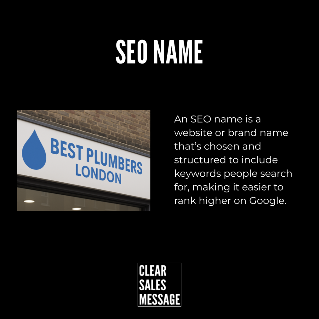 Seo name slide left storefront sign best plumbers london with a blue drop logo right paragraph explains seo name purpose bottom clear sales message logo