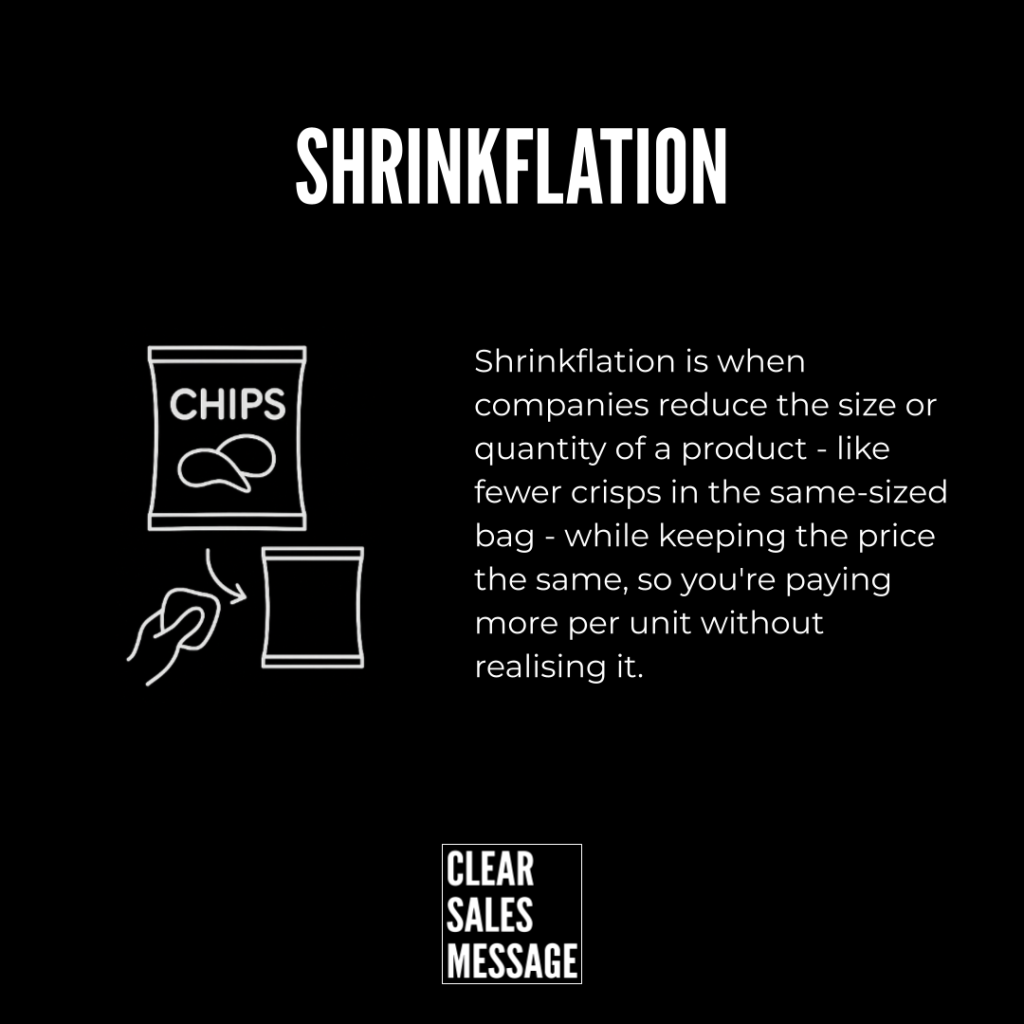 Poster explaining shrinkflation chalk drawn chip bag with a hand removing contents accompanied by descriptive text on the right and a clear sales message logo below