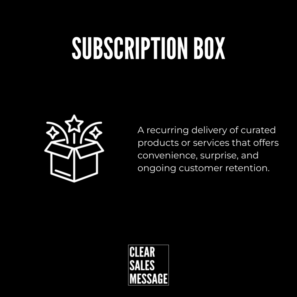 Subscription box Subscription box hero white gift box icon with stars on a black background plus a description of recurring curated deliveries clear sales message logo at bottom