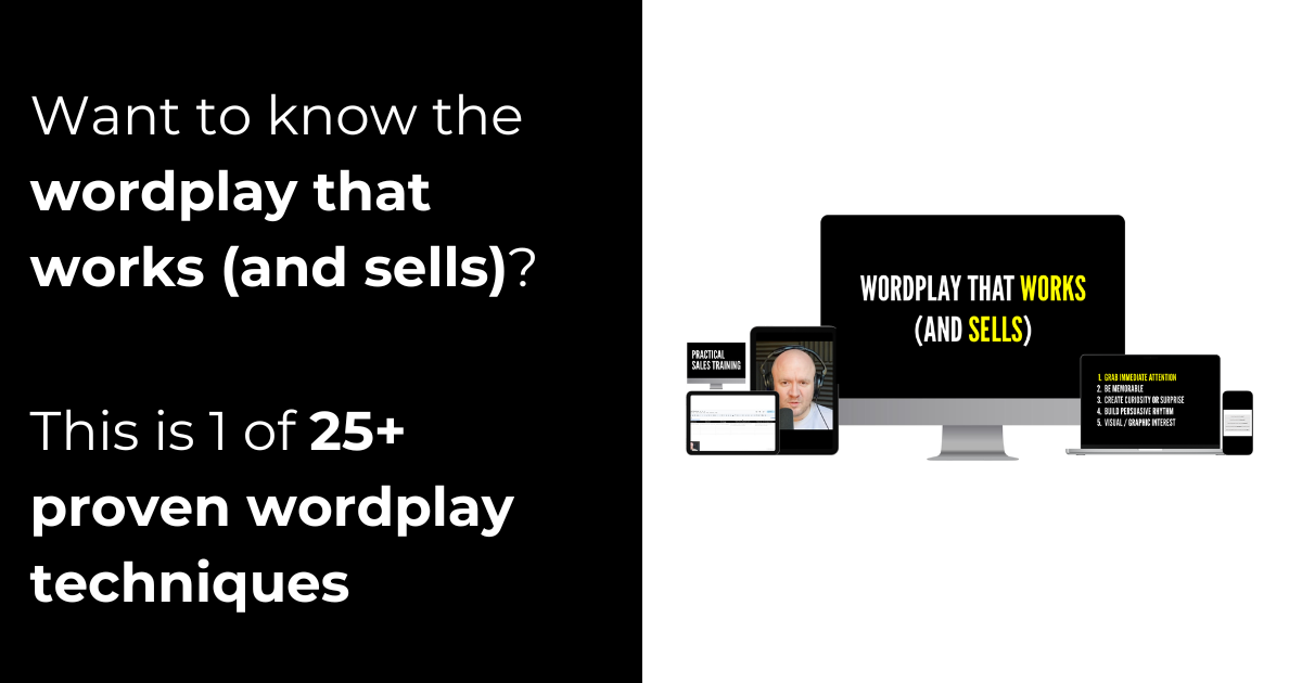 Marketing hero bold headline on a black left panel and a lineup of devices on the white right side promoting wordplay that works and sells