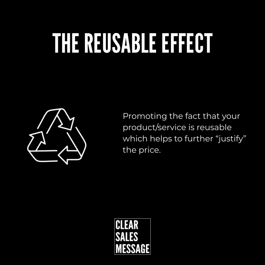 Hero banner titled the reusable effect with a white recycle icon on black background and the message about reusable products justifying price Logo says clear sales message at bottom