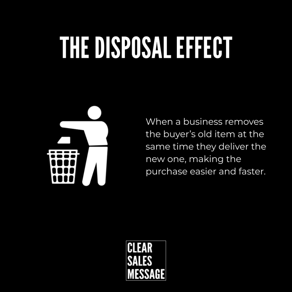 The disposal effect Poster titled the disposal effect white figure disposing an item into a bin on a black background with text about removing the old item when delivering a new one and a clear sales message logo at the bottom